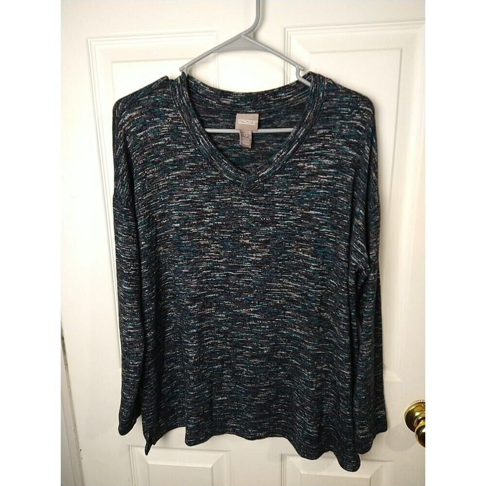Chicos Long Sleeve V Neck Teal Black Grey Heather Sweater Size 0/S